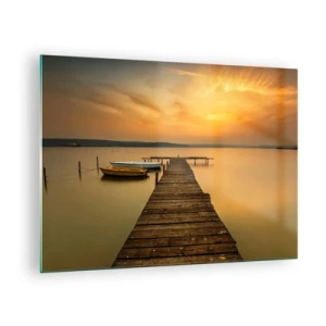 Impression sur verre - Image sur verre - Jetée sur le lac au coucher du soleil avec un bateau - 70x50cm - Je t'ouvrirai le ciel d'or - Décoration murale moderne pour le salon et la chambre ARTTOR