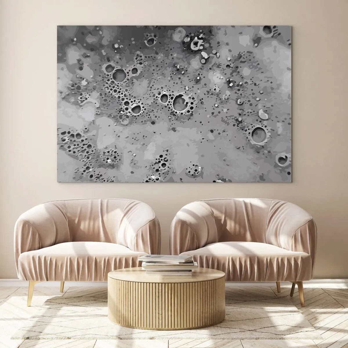 Impression sur verre - Image sur verre - Un motif abstrait ressemblant à la surface de la lune dans des tons de gris. - 70x50cm - Comme un paysage lunaire - Décoration murale moderne pour le salon et la chambre ARTTOR