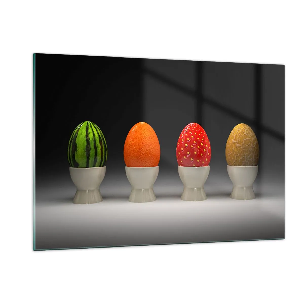 Impression sur verre - Image sur verre - Œufs dans des coquilles de fruits sur un support - 120x80cm - Petit-déjeuner fruité - Décoration murale moderne pour le salon et la chambre ARTTOR