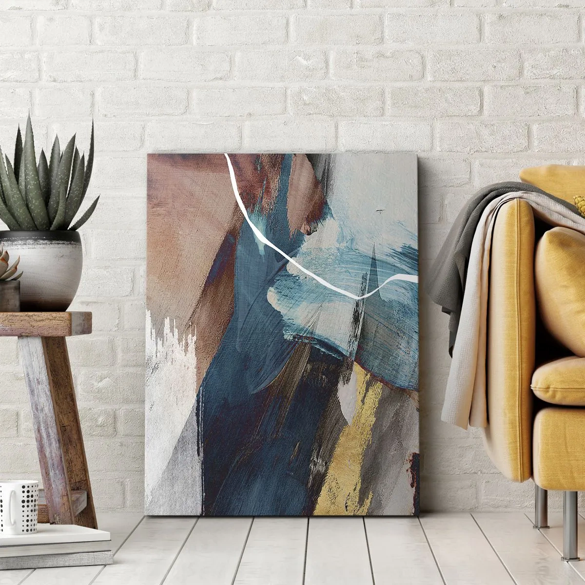 Impression sur toile - Image sur toile - Coups de pinceau abstraits dans des tons de bleu et d'or - 80x120cm - Avec panache et énergie - Décoration murale moderne pour le salon et la chambre ARTTOR