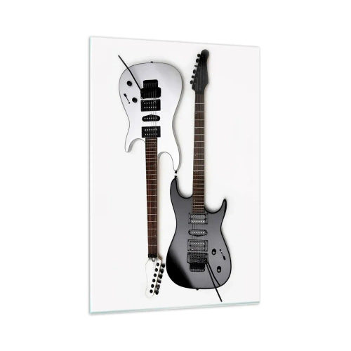 Impression sur verre - Image sur verre - Deux guitares électriques en noir et blanc sur fond clair. - 80x120cm - Harmonie des formes - Décoration murale moderne pour le salon et la chambre ARTTOR