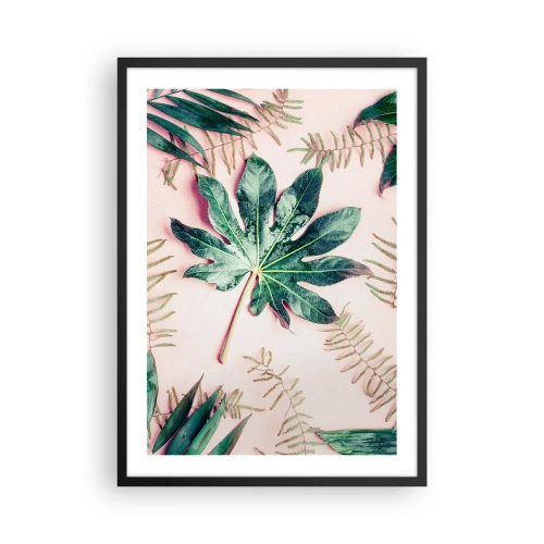 Affiche dans un cadre noir - Poster - Feuilles de différentes nuances de vert sur fond rose - 50x70cm - Étude de verdure sur fond rose - Décoration murale moderne pour le salon et la chambre ARTTOR