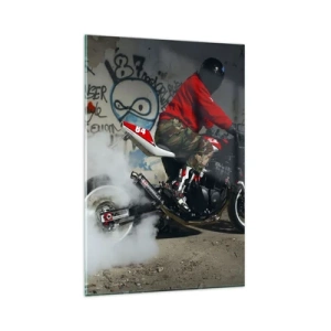 Impression sur verre - Image sur verre - Un motard effectue un drift spectaculaire dans un bâtiment abandonné couvert de graffitis. - 80x120cm - Pourchassez moi! - Décoration murale moderne pour le salon et la chambre ARTTOR