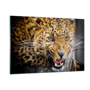 Impression sur verre - Image sur verre - Gros plan d'un léopard agressif avec des détails clairs - 120x80cm - Reste en retrait, je te préviens ! - Décoration murale moderne pour le salon et la chambre ARTTOR