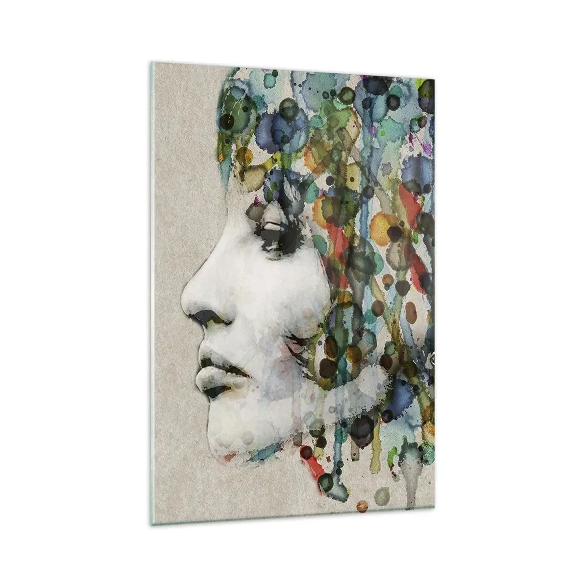 Impression sur verre - Image sur verre - Profil d'une femme aux couleurs aquarelles avec un fond abstrait - 80x120cm - Elle est sortie de la grisaille - Décoration murale moderne pour le salon et la chambre ARTTOR