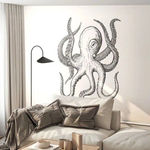 Papier Peint Photo Premium Sand - Illustration de pieuvre de style vintage sur fond blanc - 100x70cm - Dansant avec les vagues - Décoration murale moderne pour le salon et la chambre ARTTOR