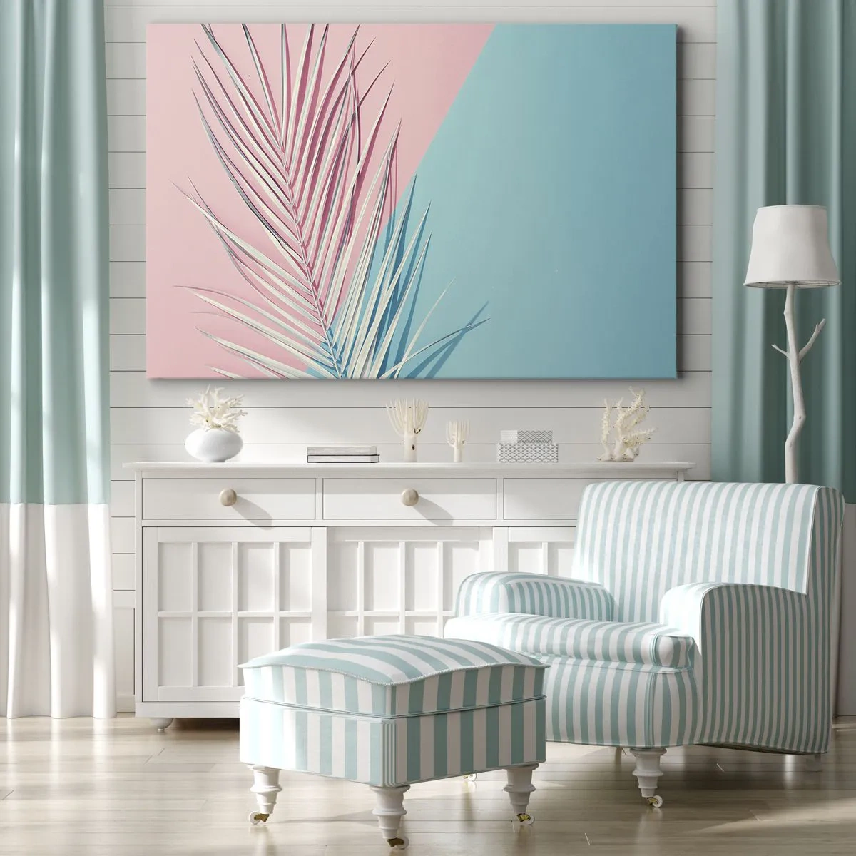 Impression sur toile - Image sur toile - Feuille tropicale sur un fond de tons pastel de rose et de bleu - 70x50cm - Impression tropicale - Décoration murale moderne pour le salon et la chambre ARTTOR