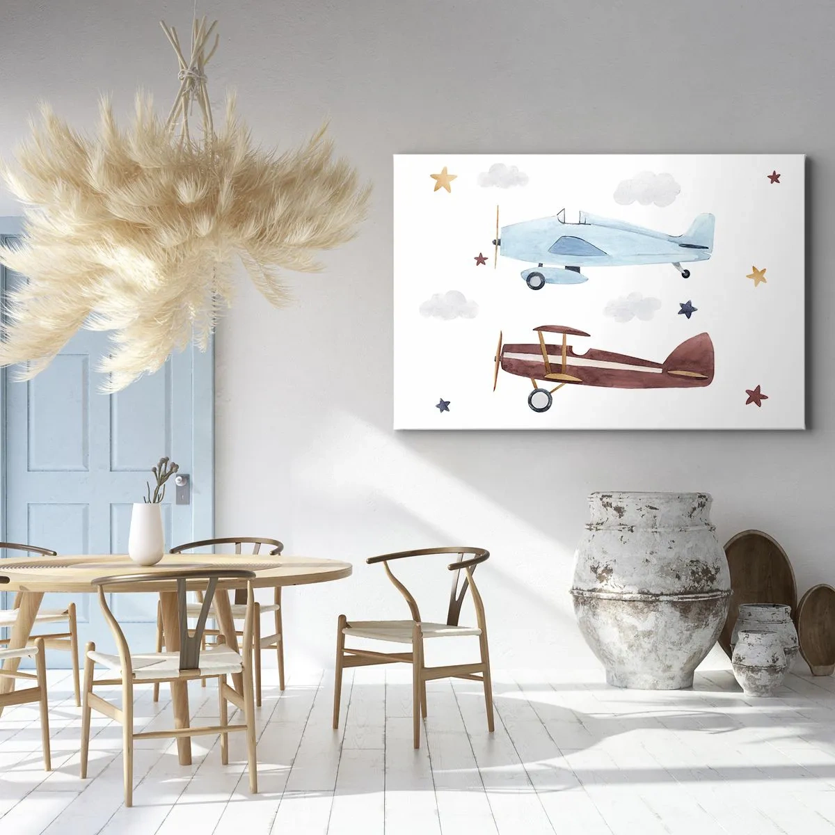 Impression sur toile - Image sur toile - Avions peints à la main sur fond de nuages et d'étoiles - 70x50cm - Monsieur le pilote, nous vous attendons ! - Décoration murale moderne pour le salon et la chambre ARTTOR