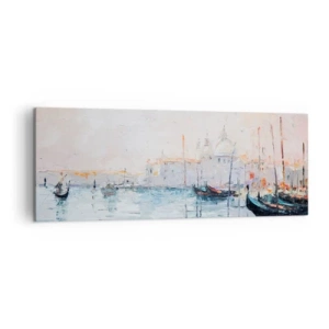 Impression sur toile - Image sur toile - Vue pittoresque des canaux avec des bateaux aux couleurs pastel - 140x50cm - Derrière l'eau, derrière le brouillard - Décoration murale moderne pour le salon et la chambre ARTTOR