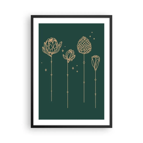 Affiche dans un cadre noir - Poster - Contours dorés de fleurs sur fond vert foncé - 50x70cm - La famille Plante - Décoration murale moderne pour le salon et la chambre ARTTOR