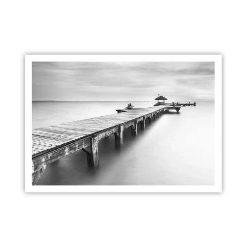 Affiche - Poster - Une vue en noir et blanc d'une jetée en bois sur une eau calme. - 100x70cm - À l'horizon - Décoration murale moderne pour le salon et la chambre ARTTOR
