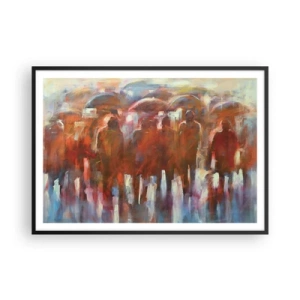 Affiche dans un cadre noir - Poster - Une foule de personnes avec des parapluies dans un décor pluvieux et artistique - 100x70cm - Identiques sous la pluie et dans le brouillard - Décoration murale moderne pour le salon et la chambre ARTTOR