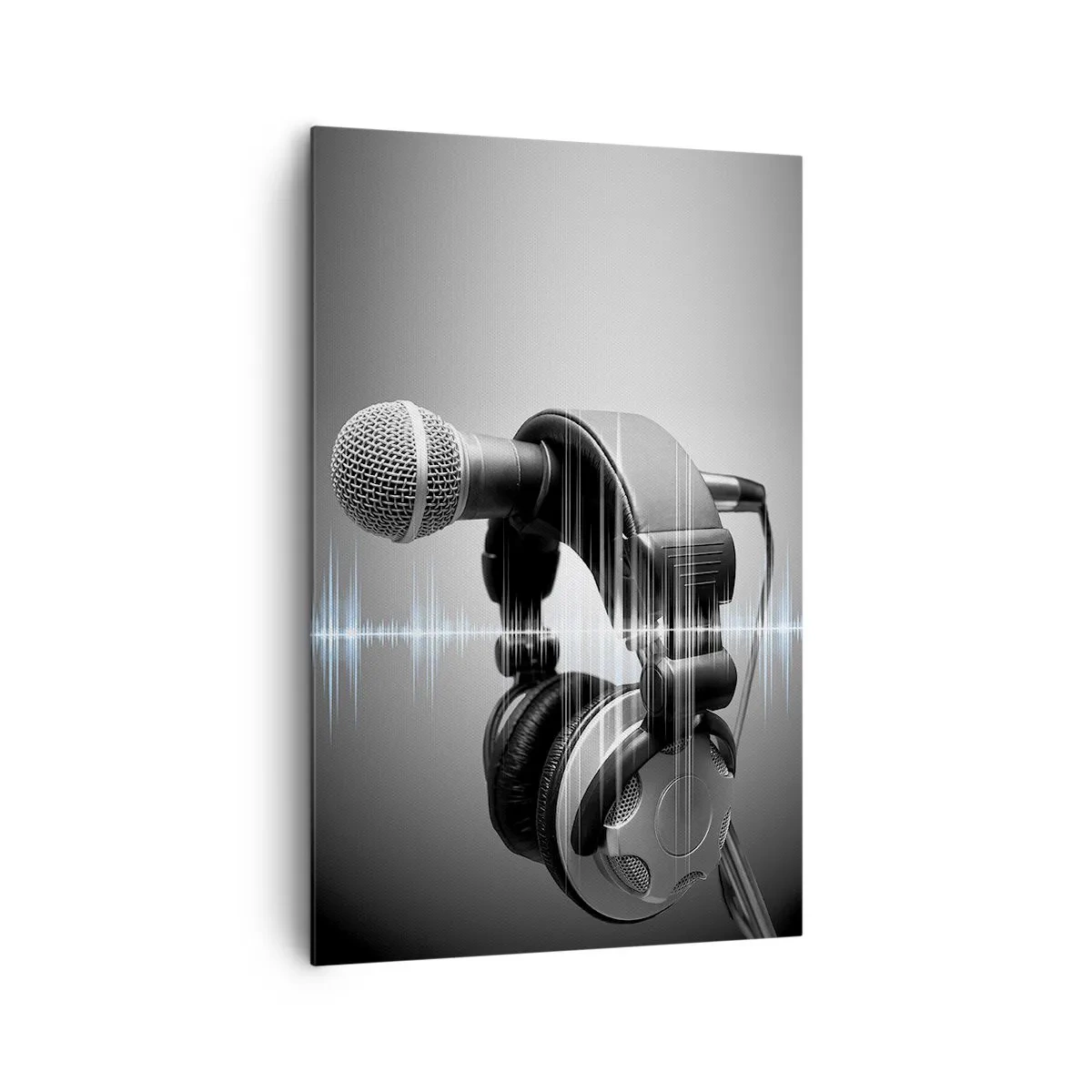 Impression sur toile - Image sur toile - Microphone et casque avec visualisation des ondes sonores en arrière-plan - 80x120cm - Vous pouvez encore entendre son chant - Décoration murale moderne pour le salon et la chambre ARTTOR