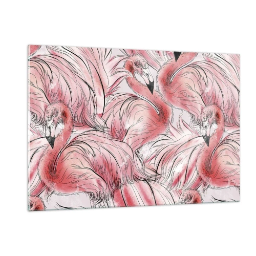 Impression sur verre - Image sur verre - Flamants roses dans un style de dessin animé décoratif - 120x80cm - Oiseau corps de ballet - Décoration murale moderne pour le salon et la chambre ARTTOR
