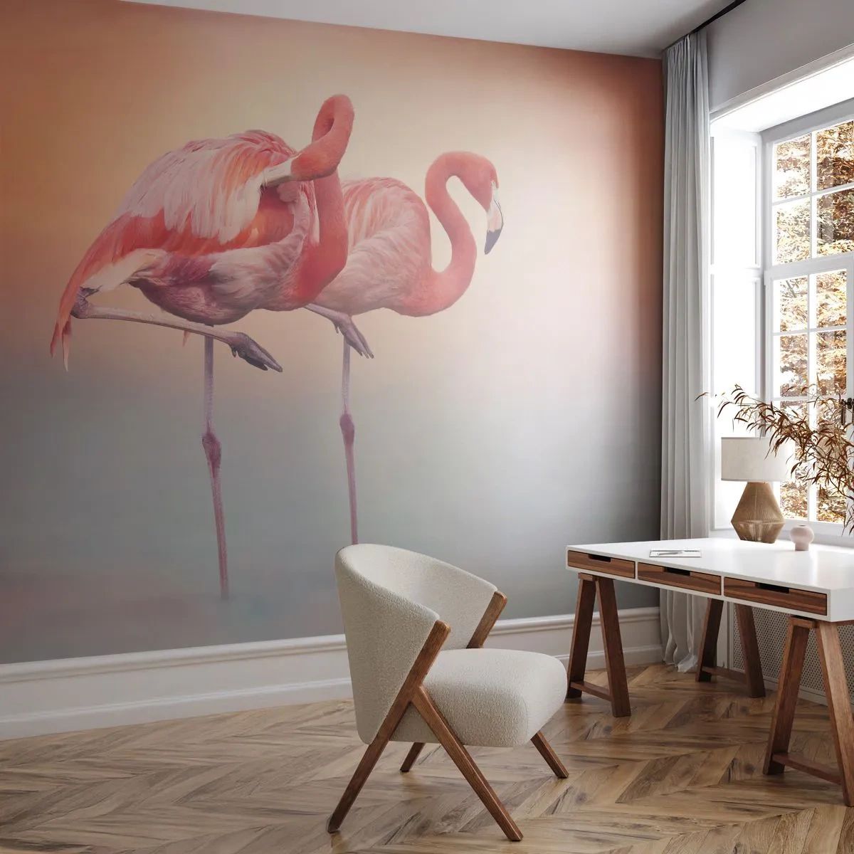 Papier Peint Photo Premium Canvas - Dans les couleurs du soleil couchant - Flamants roses, Des oiseaux, Nature - 250x175 cm