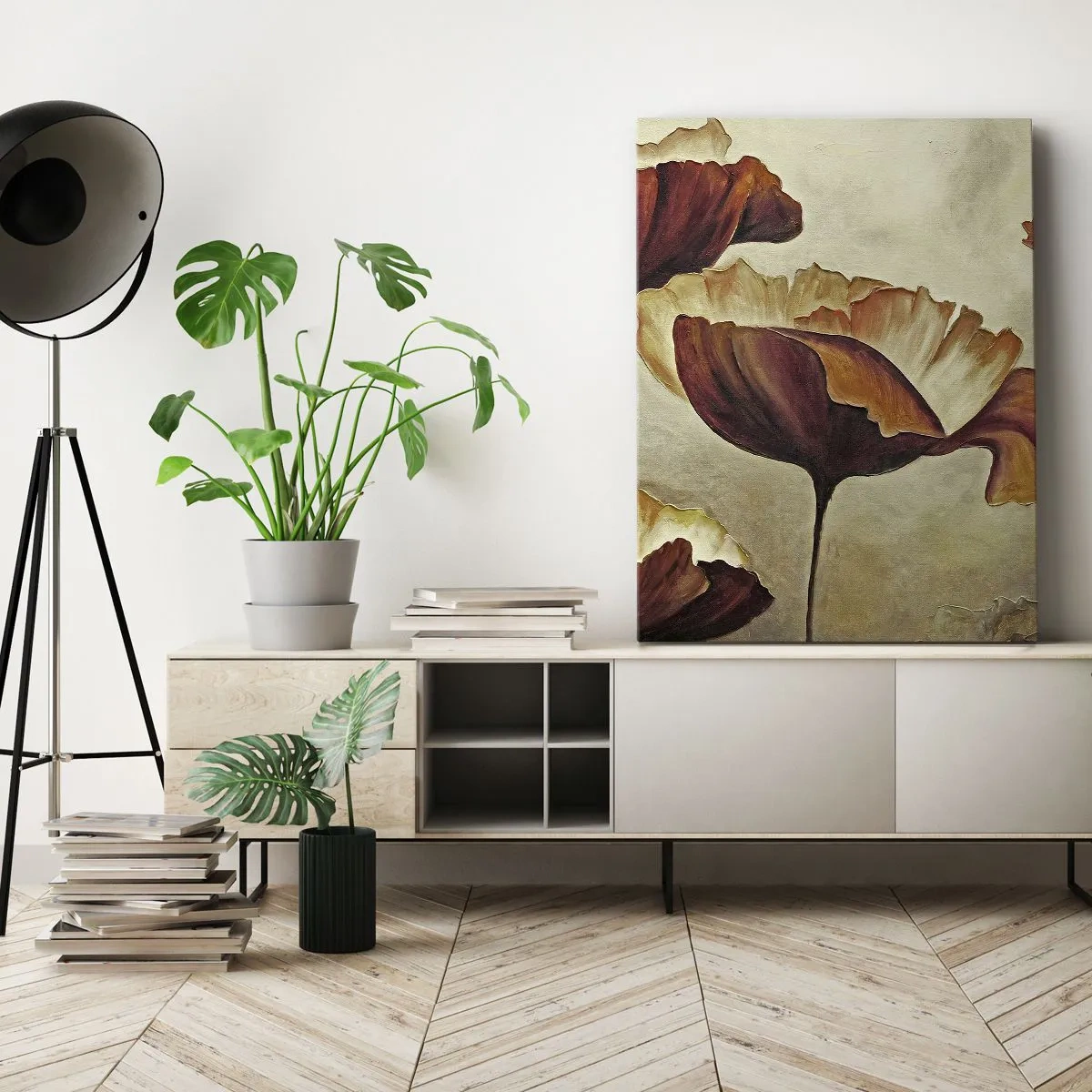 Impression sur toile - Image sur toile - Fleurs subtiles dans des tons de rouge et d'or sur un fond clair - 50x70cm - À la lisière des champs - Décoration murale moderne pour le salon et la chambre ARTTOR