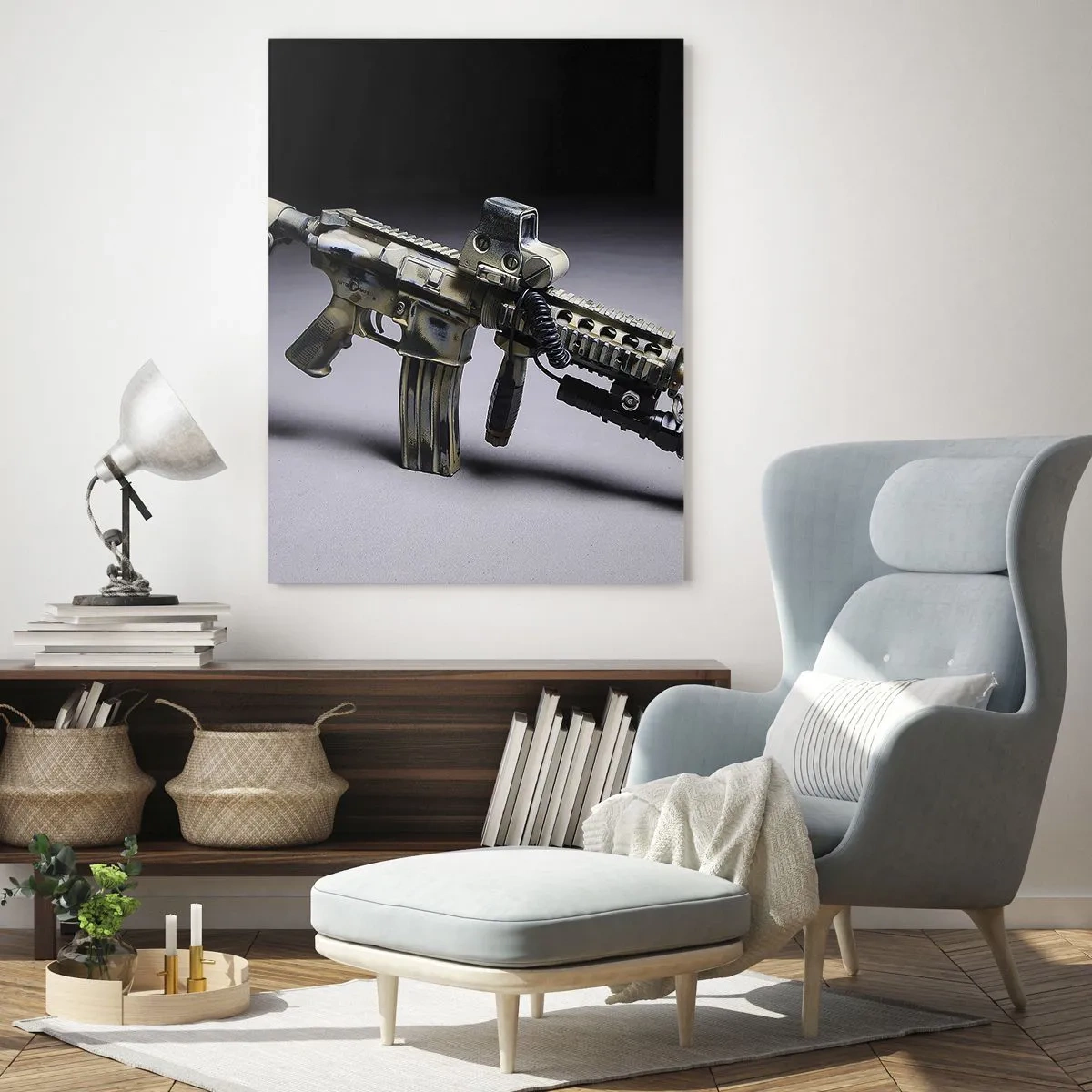 Impression sur verre - Image sur verre - Un fusil moderne sur un fond sombre avec un accent industriel - 50x70cm - Toujours menaçant - Décoration murale moderne pour le salon et la chambre ARTTOR