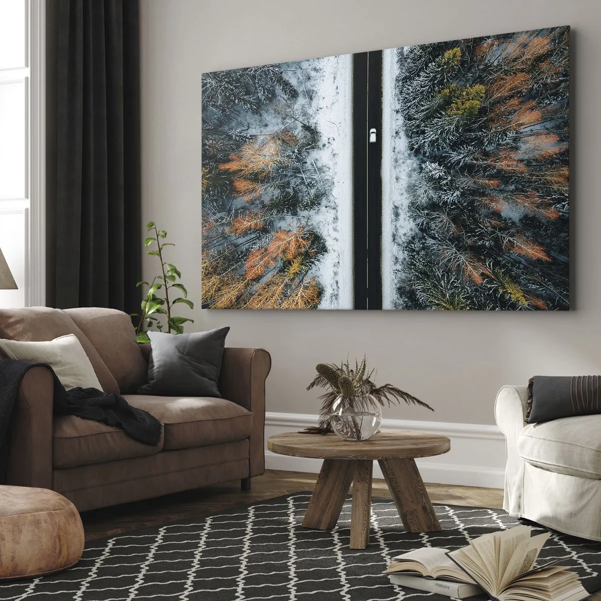 Impression sur toile - Image sur toile - Une route à travers une forêt hivernale vue à vol d'oiseau - 70x50cm - Couper à travers la forêt d'hiver - Décoration murale moderne pour le salon et la chambre ARTTOR