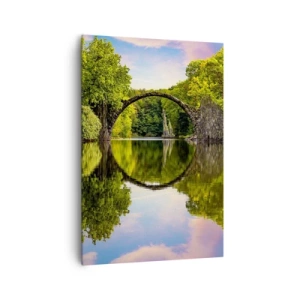 Impression sur toile - Image sur toile - Un pont de pierre sur une rivière avec un reflet parfait dans l'eau - 70x100cm - À la jonction de deux mondes - Décoration murale moderne pour le salon et la chambre ARTTOR