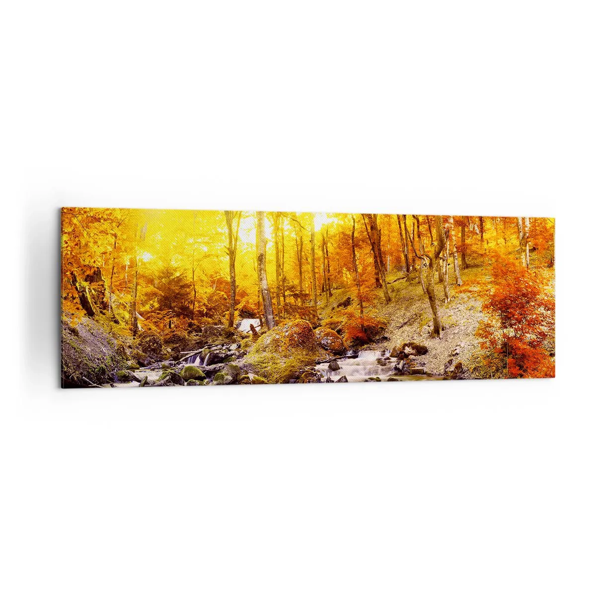 Impression sur toile - Image sur toile - Forêt d'automne avec un ruisseau parmi les feuilles dorées - 160x50cm - Pierres serties d'or et de platine - Décoration murale moderne pour le salon et la chambre ARTTOR