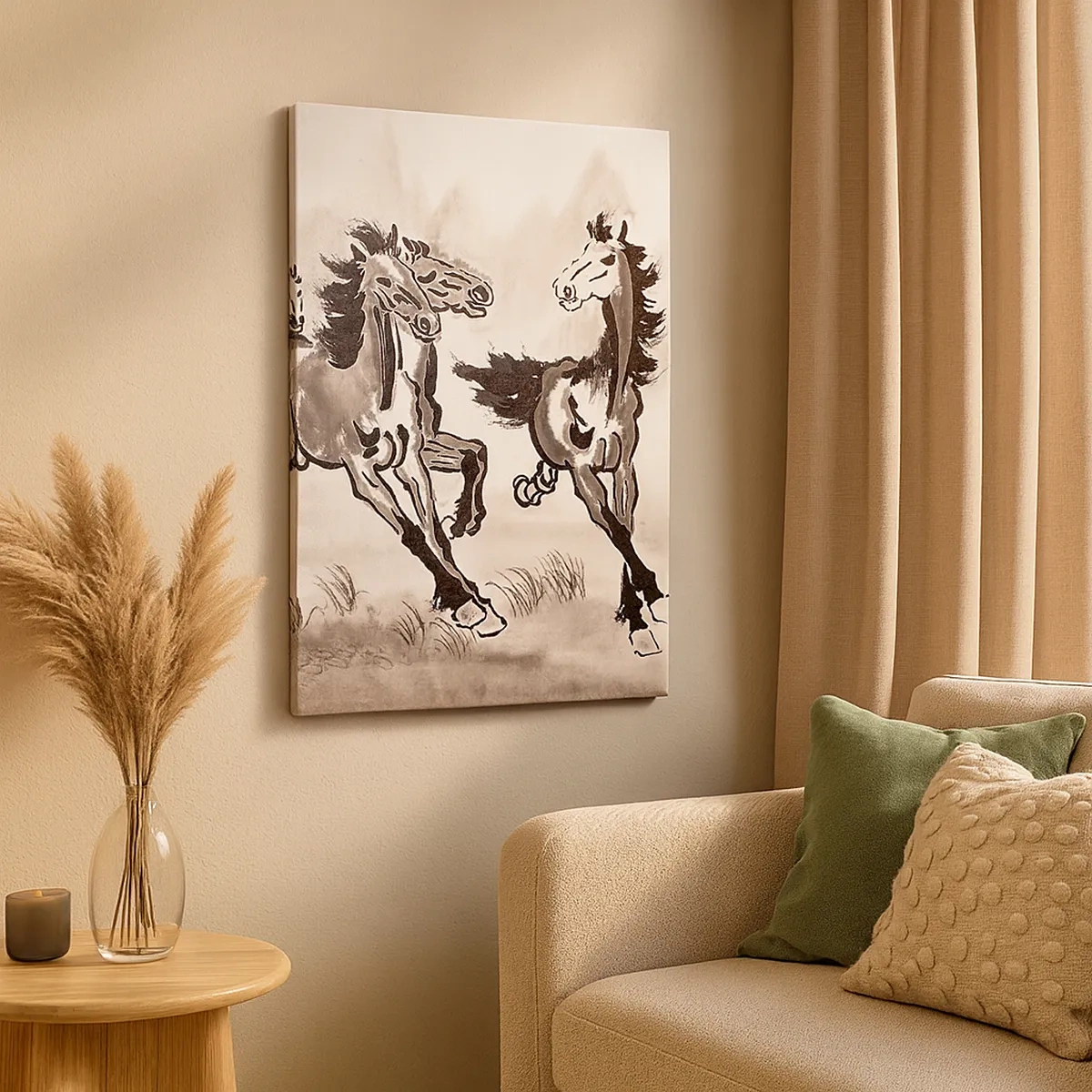 Impression sur toile - Image sur toile - Graphiques dynamiques de chevaux au galop dans un style oriental - 50x70cm - Dans un joyeux galop - Décoration murale moderne pour le salon et la chambre ARTTOR