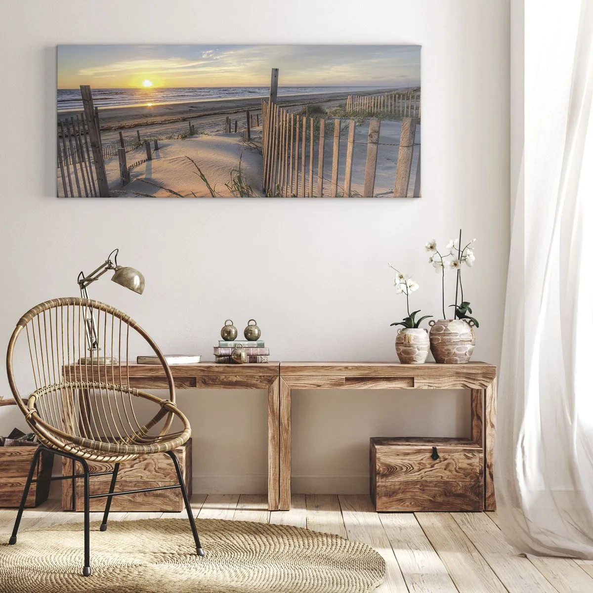 Impression sur toile - Image sur toile - Plage au coucher du soleil avec clôture en bois - 120x50cm - Ombre et brillance du vent - Décoration murale moderne pour le salon et la chambre ARTTOR