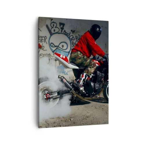 Impression sur toile - Image sur toile - Un motard effectue un drift spectaculaire dans un bâtiment abandonné couvert de graffitis. - 50x70cm - Pourchassez moi! - Décoration murale moderne pour le salon et la chambre ARTTOR