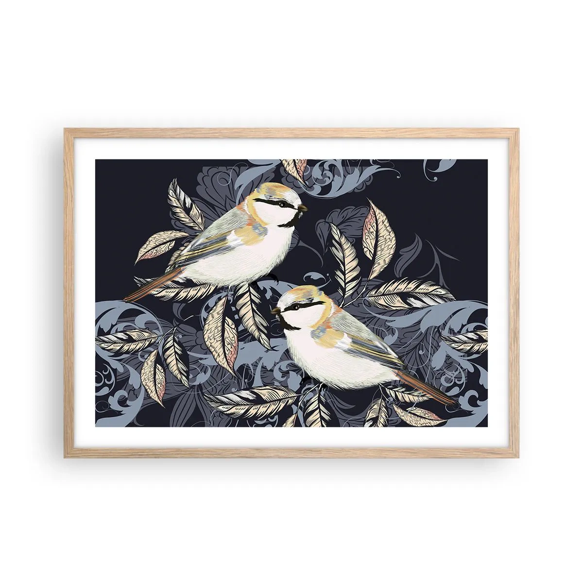 Affiche dans un chêne clair - Poster - Babillement jaune et bleu - 70x50 cm