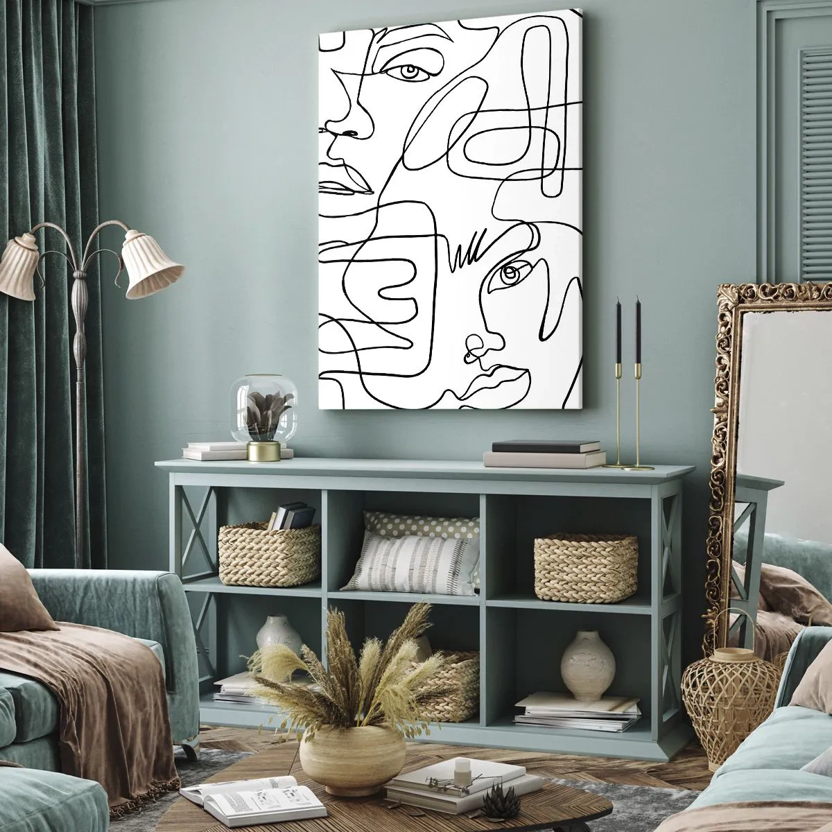 Impression sur toile - Image sur toile - Un dessin minimaliste d'un visage avec des lignes sur un fond clair. - 50x70cm - Dans des émotions enchevêtrées - Décoration murale moderne pour le salon et la chambre ARTTOR