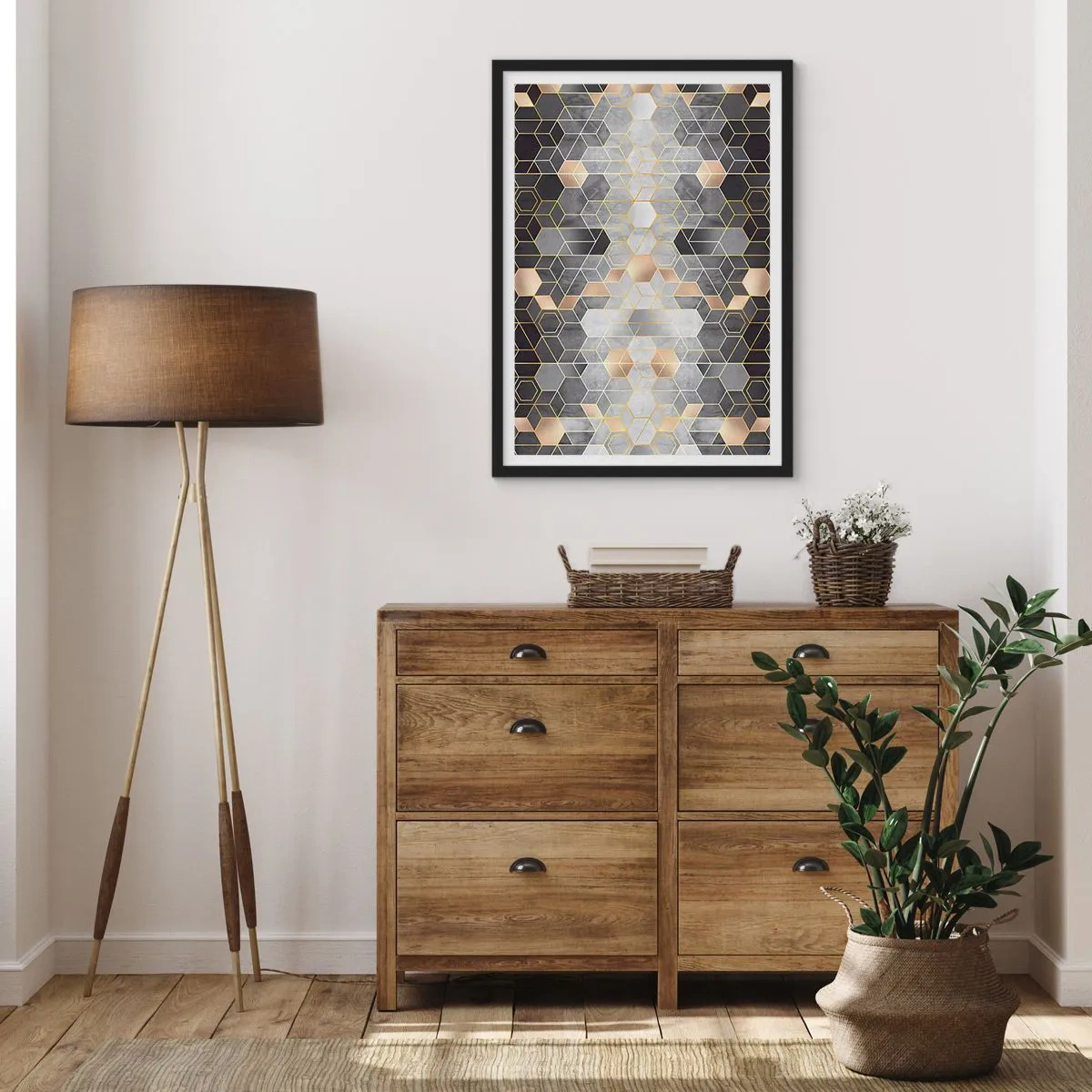 Affiche dans un cadre noir - Poster - Motif hexagonal géométrique dans les tons d'or et de gris - 50x70cm - Composition de diamants - Décoration murale moderne pour le salon et la chambre ARTTOR