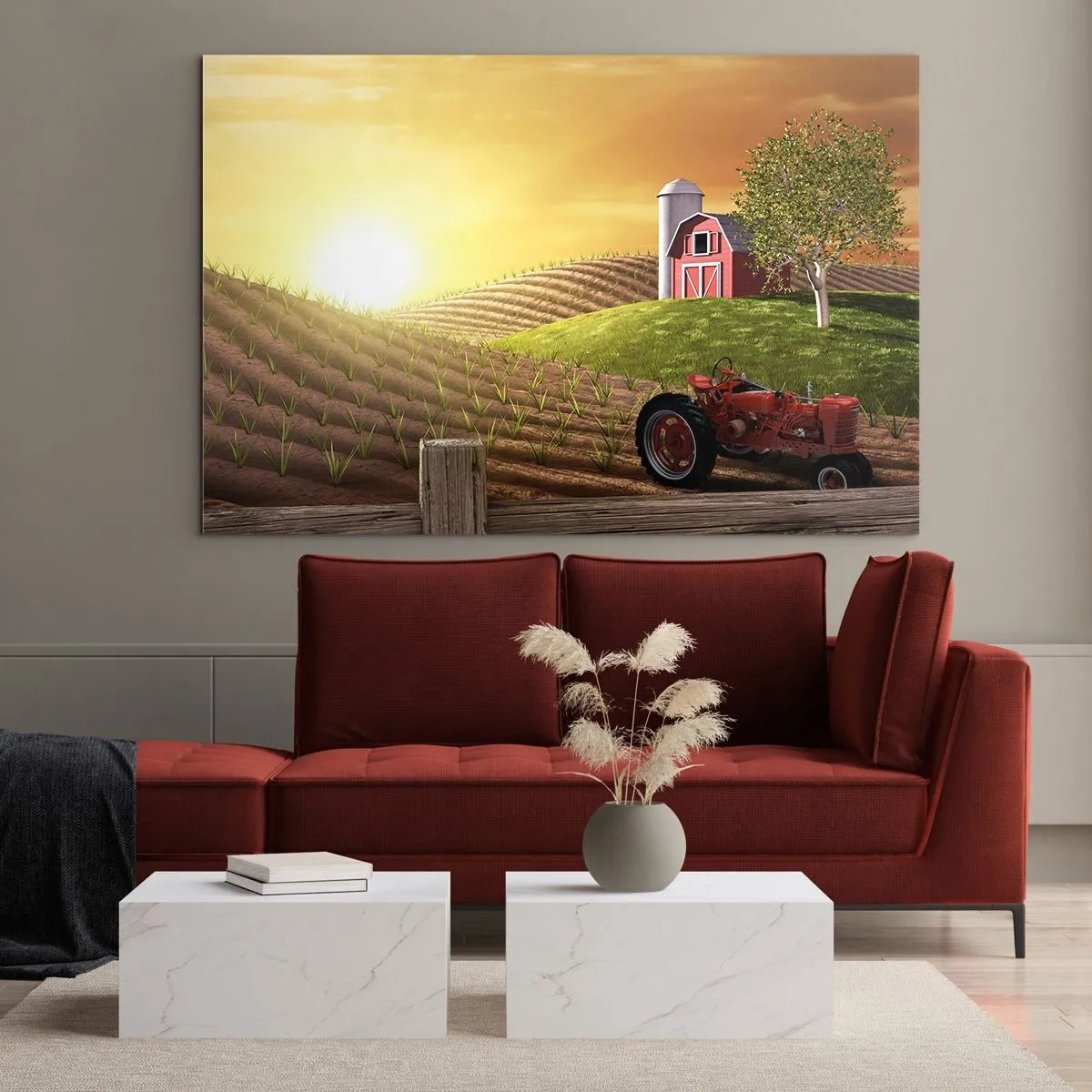 Impression sur verre - Image sur verre - Coucher de soleil sur une ferme avec un champ et un tracteur - 120x80cm - Une ferme comme dans un conte de fées - Décoration murale moderne pour le salon et la chambre ARTTOR