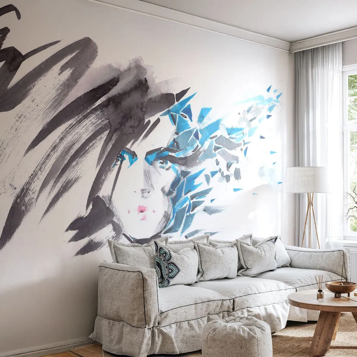 Papier Peint Autocollant Deluxe Sticker - Portrait sensuel en gris et bleu - Femme, Visage de femme, Abstraction - 250x175 cm