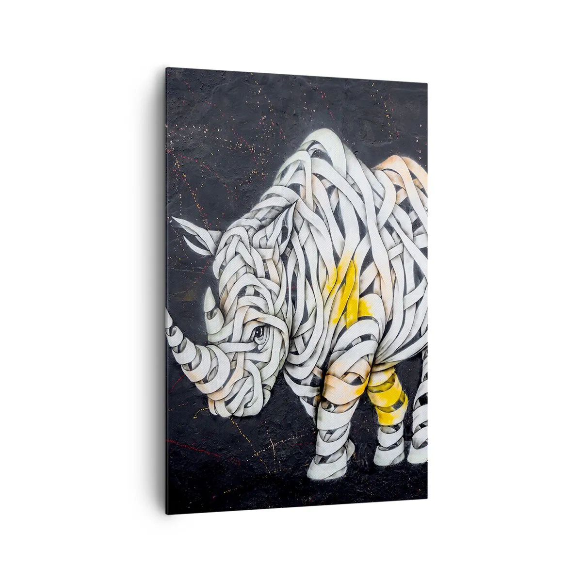 Impression sur toile - Image sur toile - Un rhinocéros sculpté avec des rayures abstraites sur un fond sombre. - 80x120cm - La peau épaisse est un mythe - Décoration murale moderne pour le salon et la chambre ARTTOR