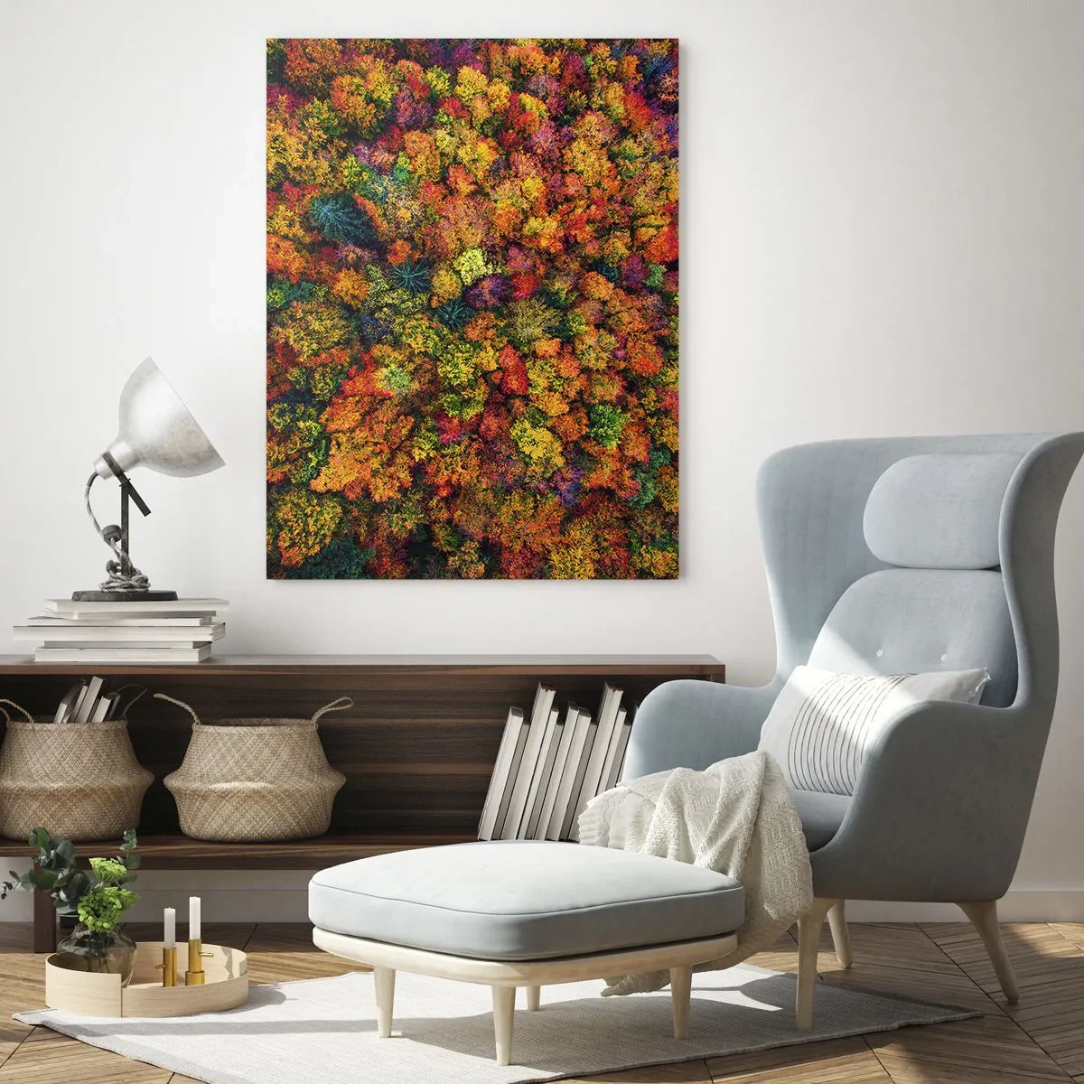 Impression sur verre - Image sur verre - Couronnes d'arbres colorées dans la palette d'automne - 70x100cm - Bouquet d'arbres automnal - Décoration murale moderne pour le salon et la chambre ARTTOR