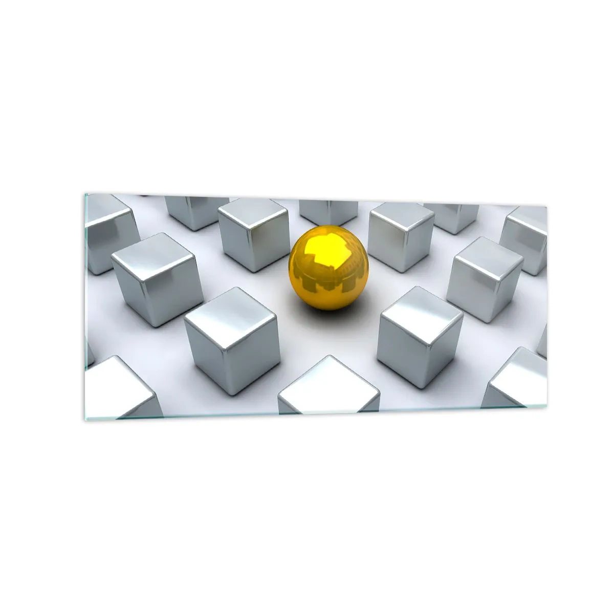 Impression sur verre - Image sur verre - Une sphère dorée se détachant parmi les cubes d'argent - 120x50cm - Pourquoi moi? Composition géométrique - Décoration murale moderne pour le salon et la chambre ARTTOR