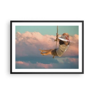 Affiche dans un cadre noir - Poster - Femme sur une balançoire parmi les nuages roses - 70x50cm - S'amuser dans les nuages - Décoration murale moderne pour le salon et la chambre ARTTOR