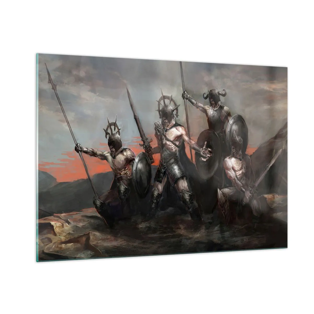 Impression sur verre - Image sur verre - Guerriers avec des lances et des boucliers contre le ciel rouge - 100x70cm - Avec ou sur un bouclier - Décoration murale moderne pour le salon et la chambre ARTTOR