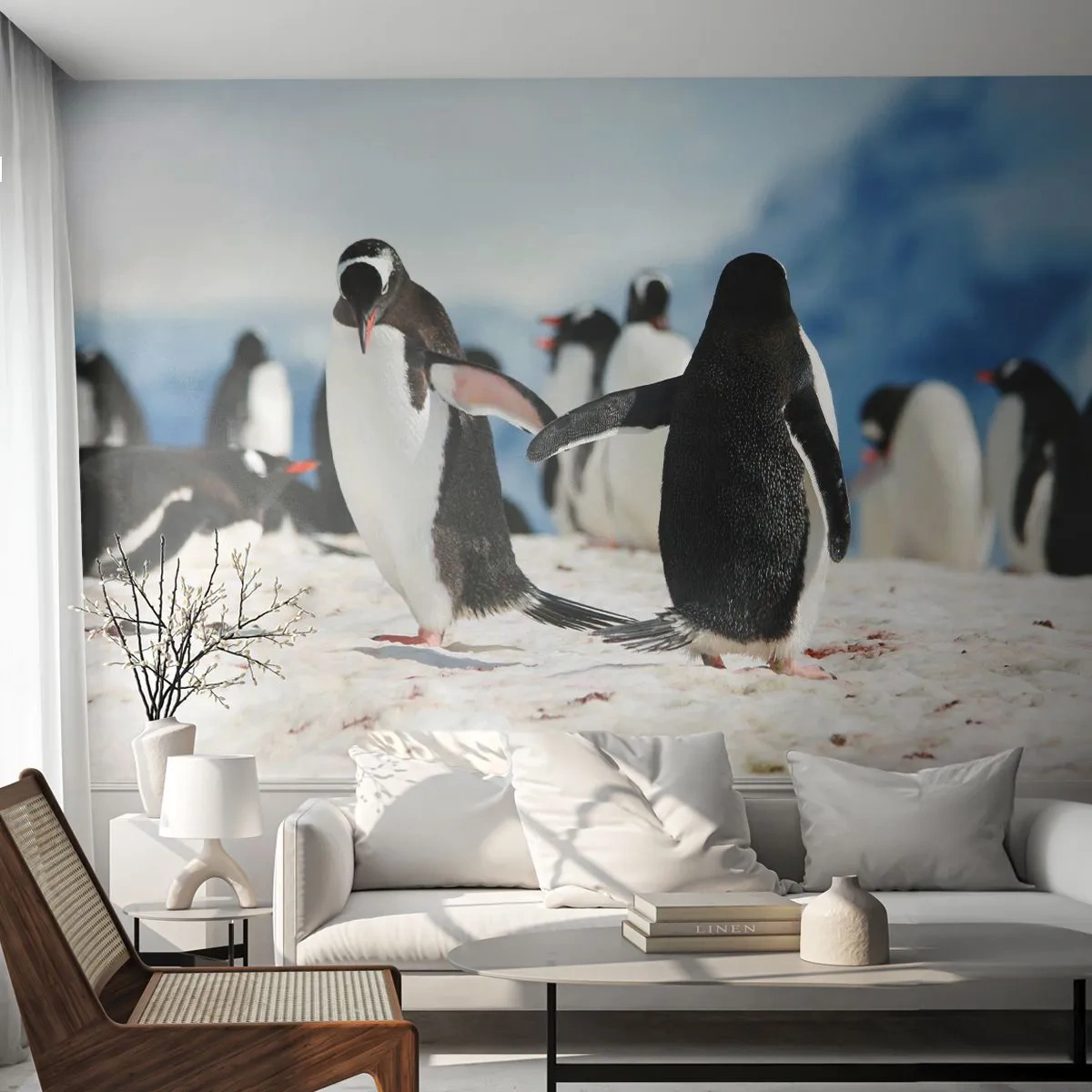 Papier Peint Photo Premium Sand - Danser dans la neige - manchot, Antarctique, Paysage - 250x175 cm