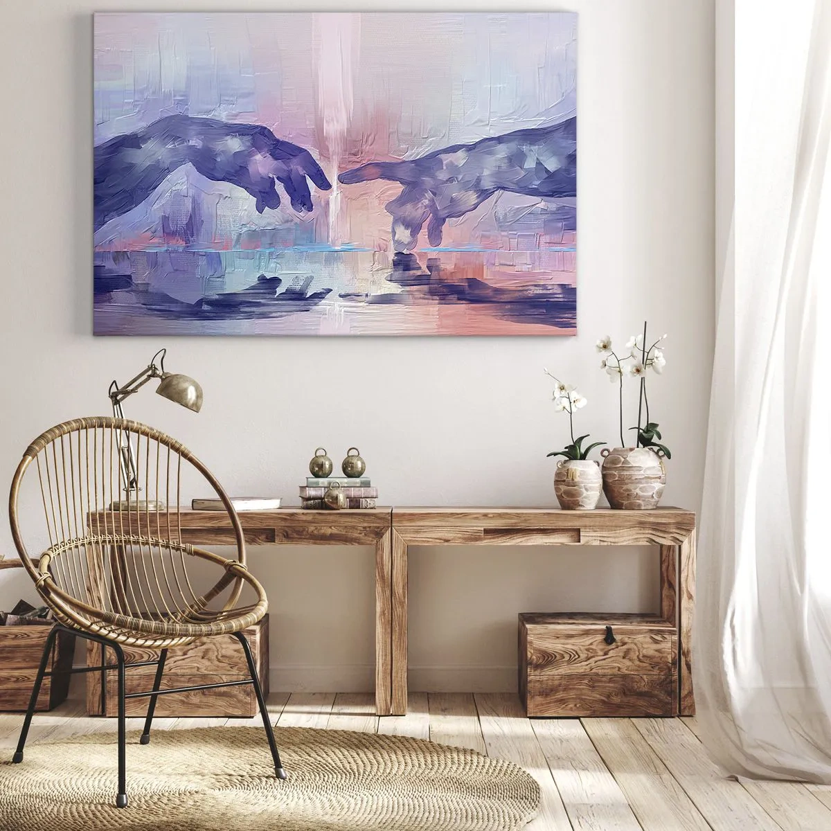 Impression sur toile - Image sur toile - Mains symboliques aux couleurs abstraites, faisant référence au thème de la création - 70x50cm - Divine étincelle de vie - Décoration murale moderne pour le salon et la chambre ARTTOR
