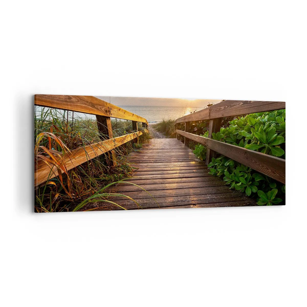 Impression sur toile - Image sur toile - Jetée en bois menant à la plage au coucher du soleil - 120x50cm - Tout droit vers le rivage - Décoration murale moderne pour le salon et la chambre ARTTOR