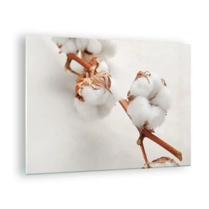 Impression sur verre - Image sur verre - Gros plan d'une branche de coton sur un fond clair - 70x50cm - Seulement caliner - Décoration murale moderne pour le salon et la chambre ARTTOR