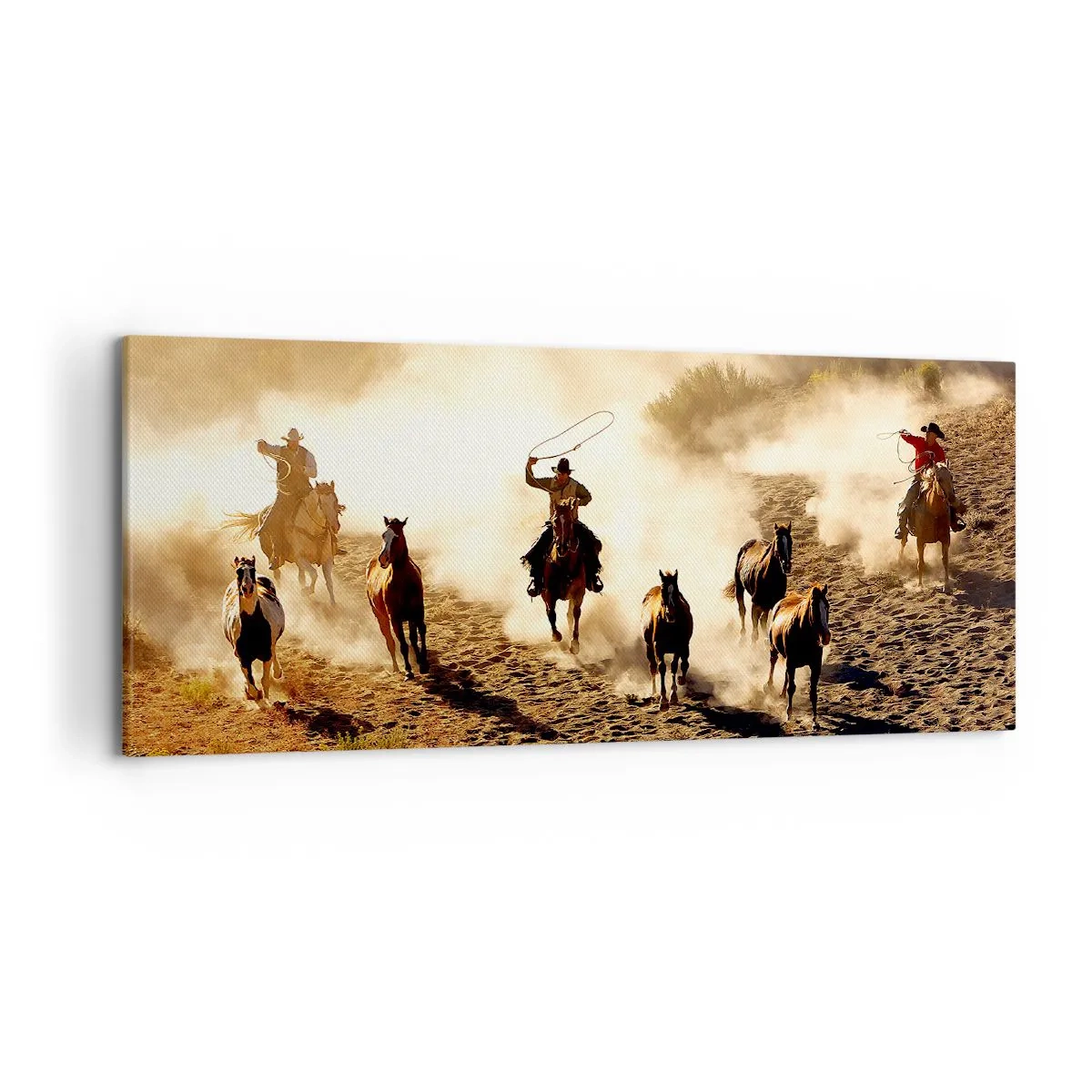 Impression sur toile - Image sur toile - Cowboys à cheval en action sur un terrain désertique - 120x50cm - L'ouest vraiment sauvage - Décoration murale moderne pour le salon et la chambre ARTTOR
