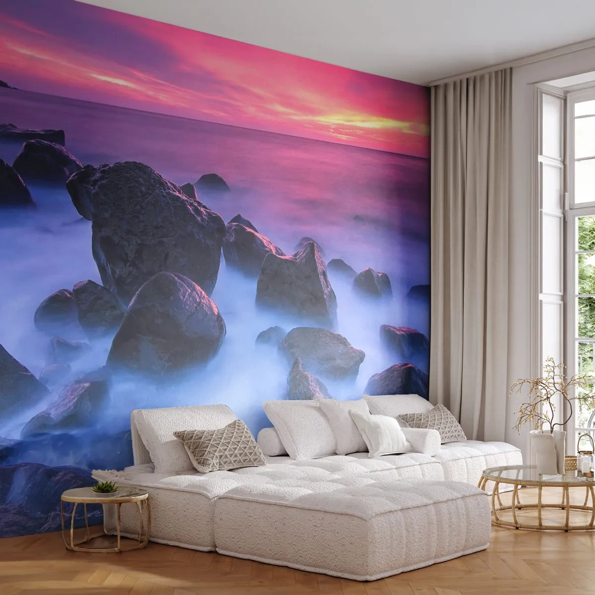 Papier Peint Autocollant Deluxe Sticker - Naissance dans la lumière et le brouillard - Paysage, Océan, Coucher de soleil - 250x175 cm