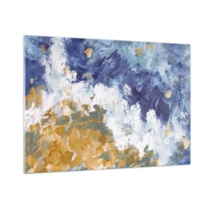 Impression sur verre - Image sur verre - Coups de peinture abstraits en bleu, blanc et or - 100x70cm - Danse des éléments - Décoration murale moderne pour le salon et la chambre ARTTOR