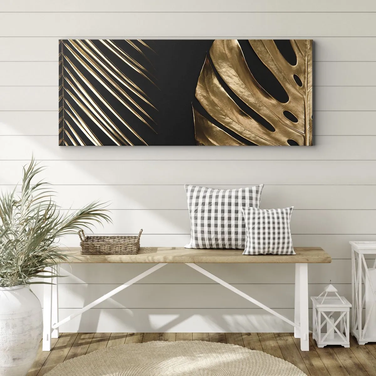 Impression sur toile - Image sur toile - Feuilles dorées sur fond noir - 120x50cm - Différent et tout aussi cher - Décoration murale moderne pour le salon et la chambre ARTTOR