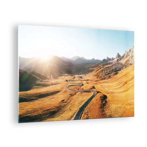 Impression sur verre - Image sur verre - Une route sinueuse dans une vallée dorée éclairée par le soleil - 70x50cm - Dans une vallée dorée - Décoration murale moderne pour le salon et la chambre ARTTOR