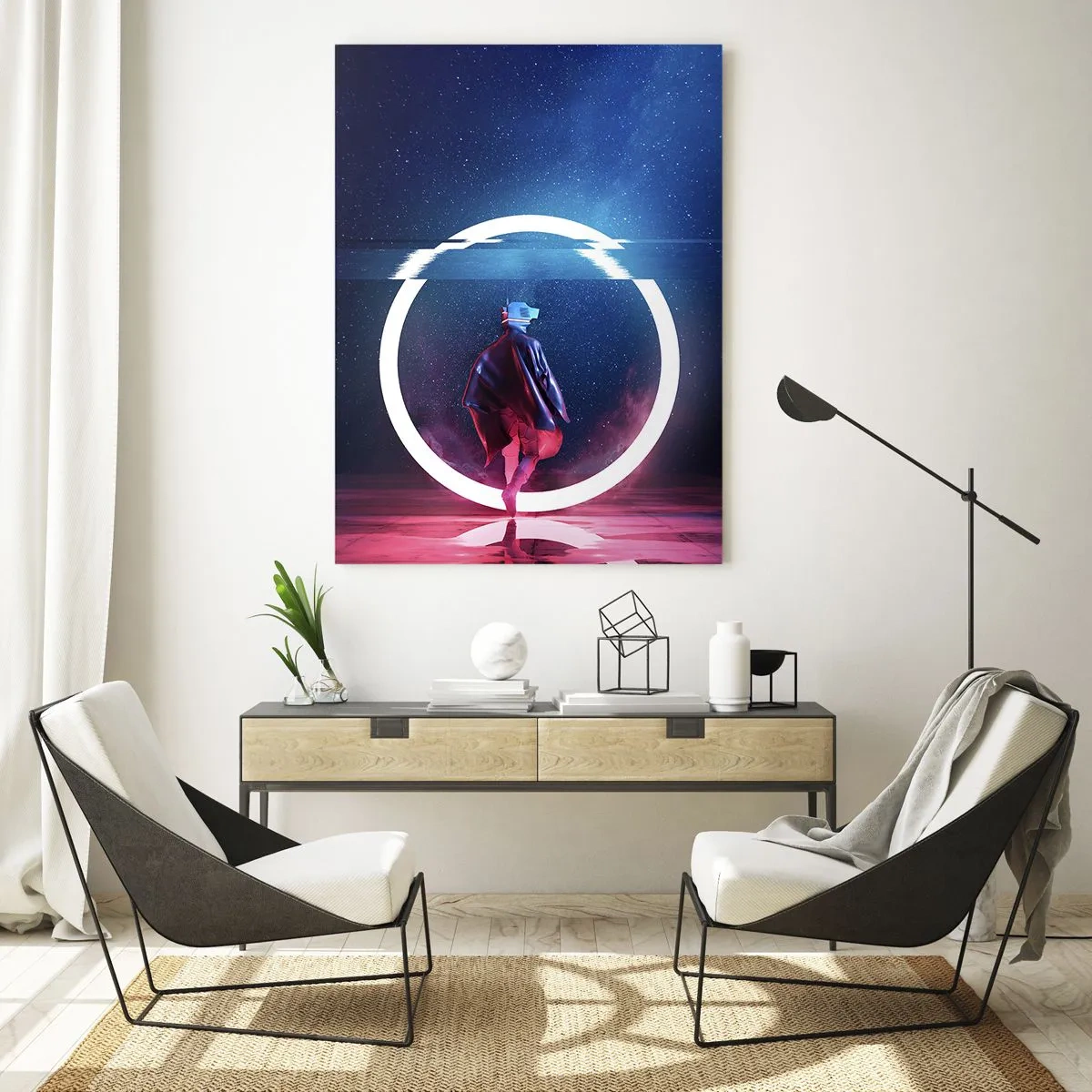 Impression sur verre - Image sur verre - Un personnage dans un environnement futuriste avec un cercle de néon - 70x100cm - Entre deux mondes - Décoration murale moderne pour le salon et la chambre ARTTOR