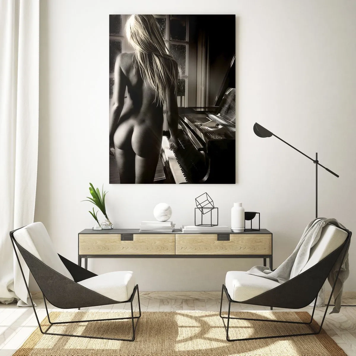 Impression sur verre - Image sur verre - Une femme au piano sous un éclairage sépia - 50x70cm - Harmonie parfaite du soir - Décoration murale moderne pour le salon et la chambre ARTTOR