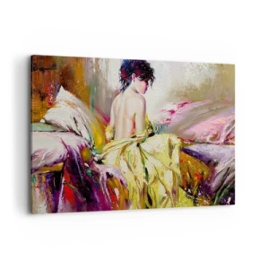 Impression sur toile - Image sur toile - Une scène picturale d'une femme sur un lit dans une atmosphère romantique - 100x70cm - Entre les lèvres et le bord de la tasse - Décoration murale moderne pour le salon et la chambre ARTTOR
