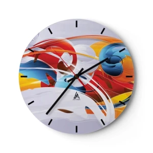 Horloge murale - Pendule murale - Formes abstraites aux couleurs dynamiques rouge, bleu et jaune - 30x30cm - La danse des éléments - Décoration murale moderne pour le salon, la cuisine et la chambre ARTTOR